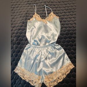 Silky Light Blue Lace Trim Camisole & Shorts Pajama Set